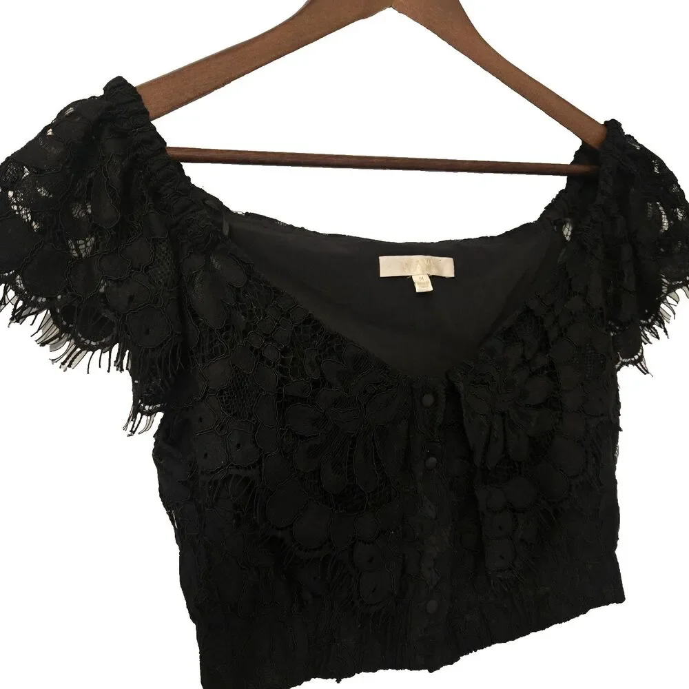 Wayf Black Lace Corset Crop Top M Button Up Eyelash Fringe Whimsigoth Fairy Dark